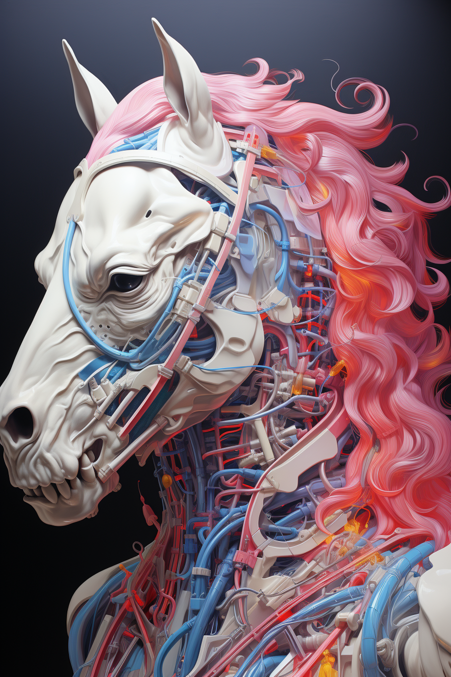 Colorful collage of medial anatomical unicorn, alien, and rainbow