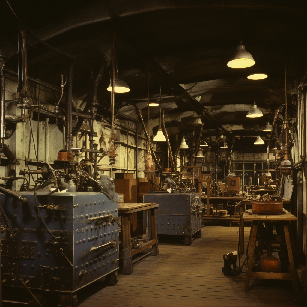 Vintage medical test lab in 1920s Montreal metro station