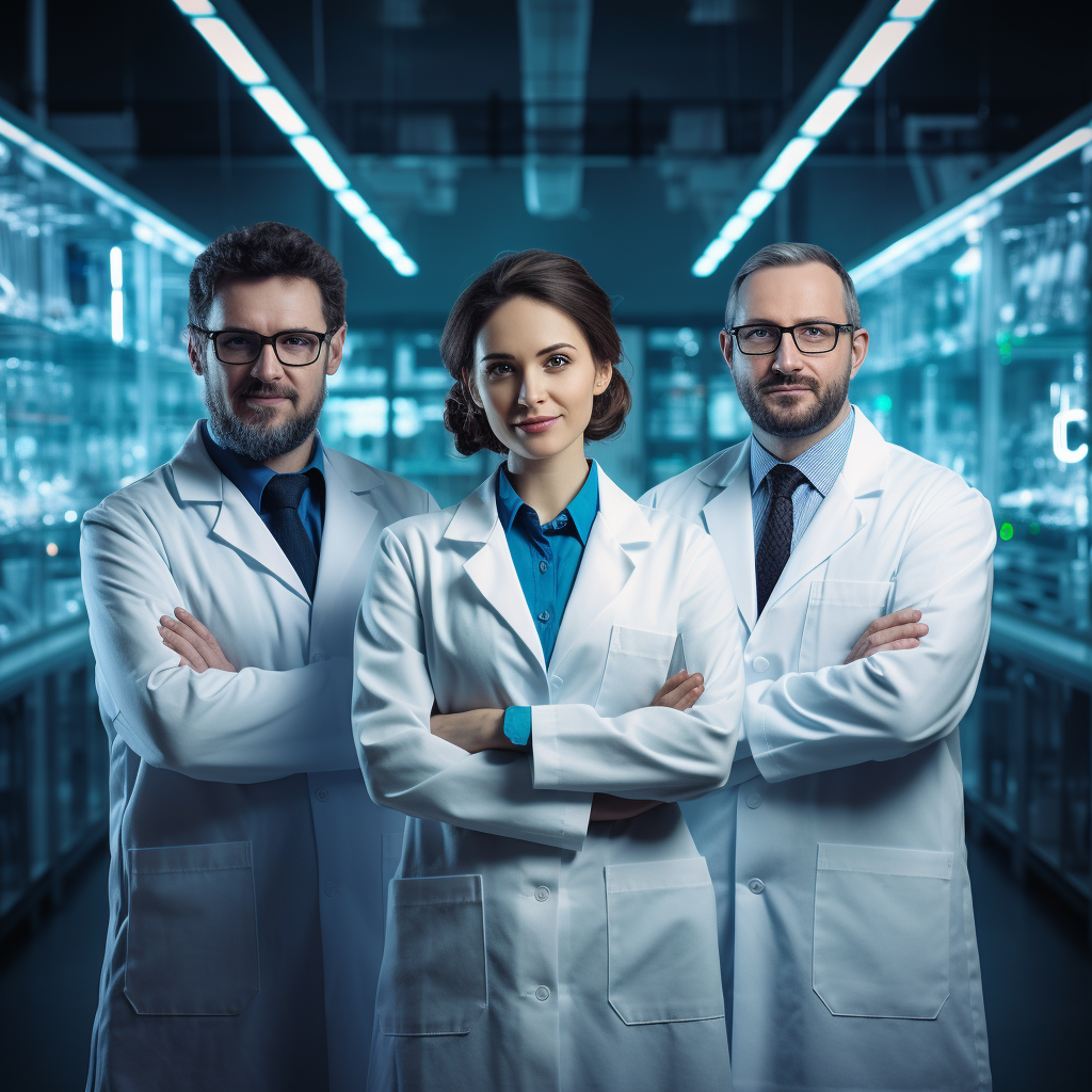 Three medical lab scientists excitedly discussing DNA research