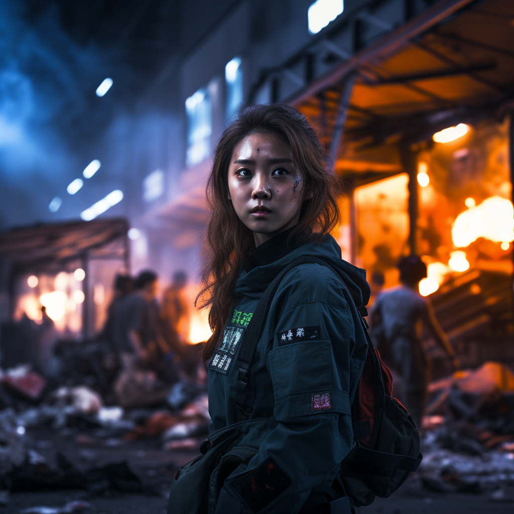 Nurse in Uniform with Bloodstains Helping in Chaos