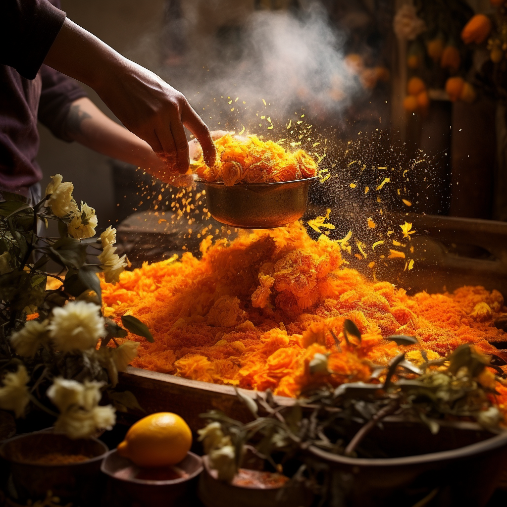 Medicinal plants being processed into orange powder