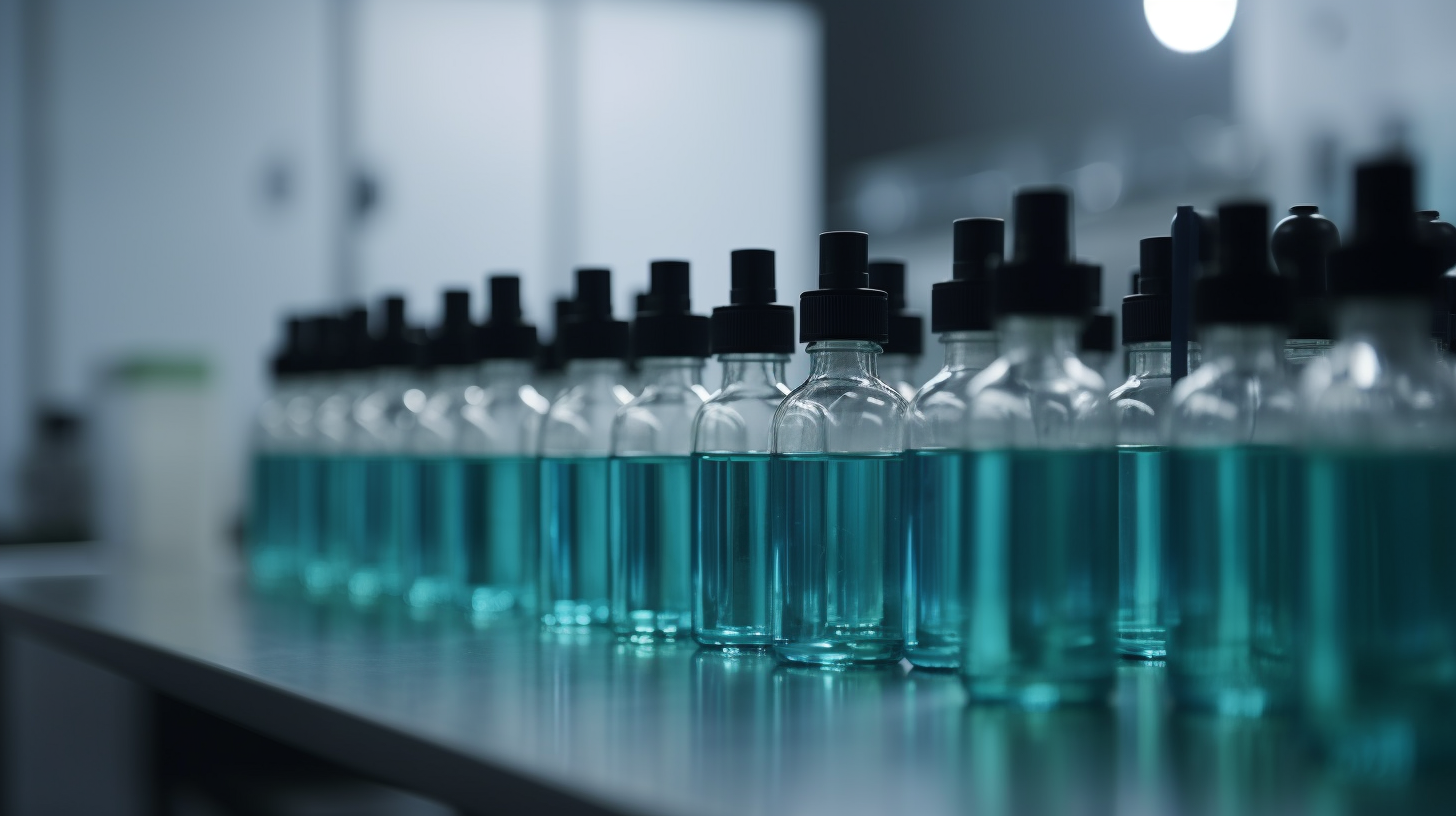 Medicine bottles lined up in clean room