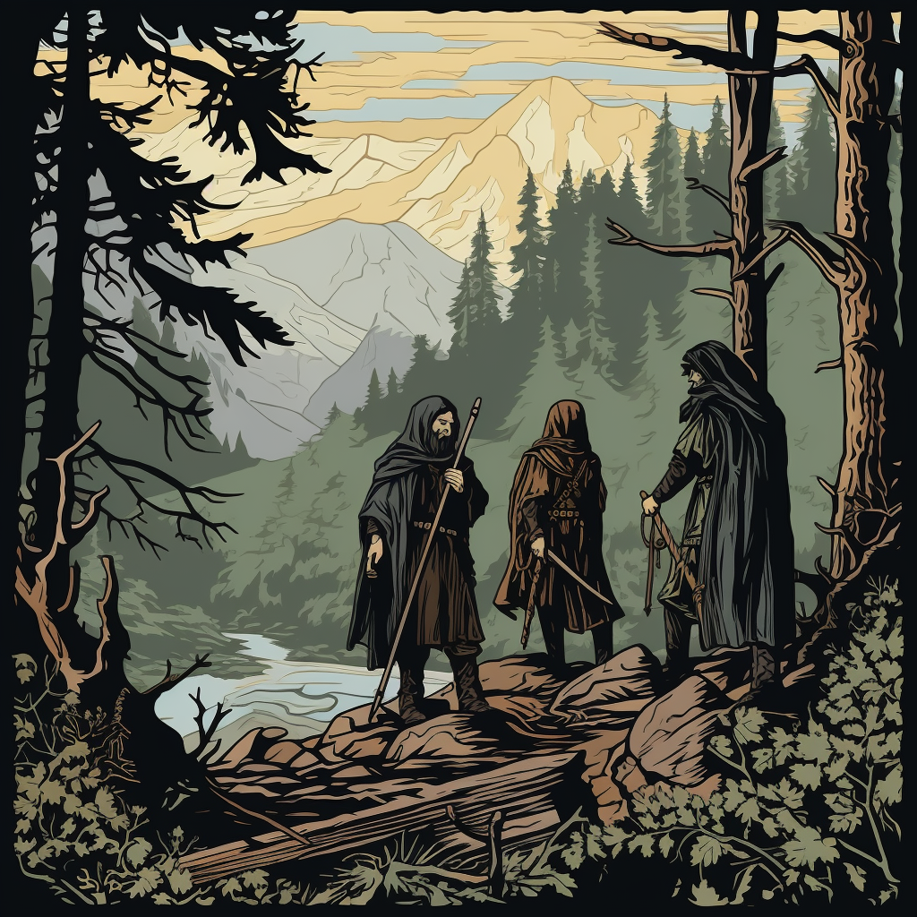 Lost medieval adventurers in woodcut style