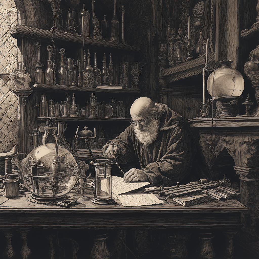 Alchemist working in his medieval library