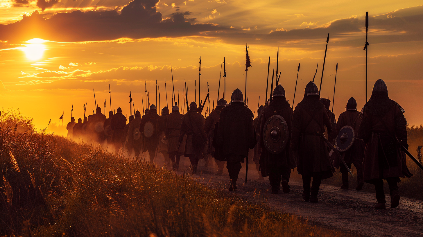 Medieval army walking at daybreak