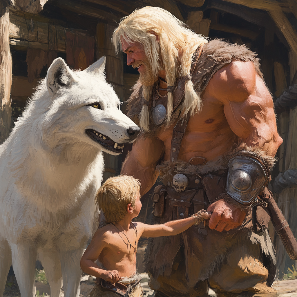 Medieval Barbarian Man with White Wolf