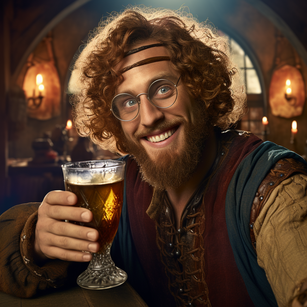 T.J. Miller as medieval bartender with glasses