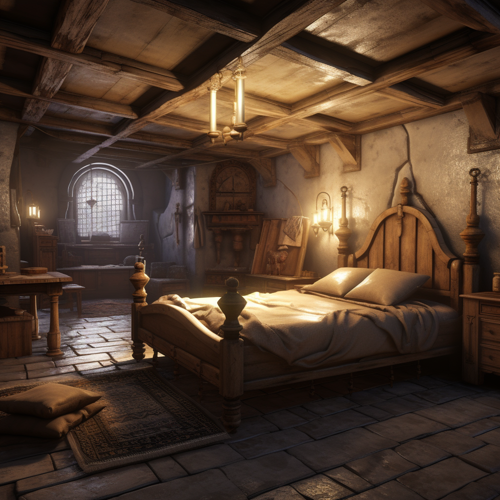 Cozy medieval basement bedroom interior