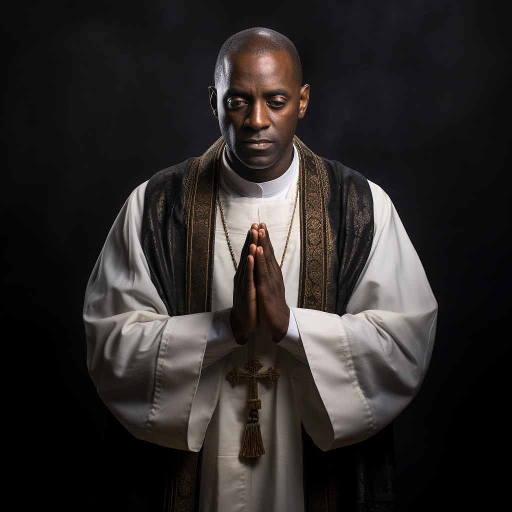 Black priest in medieval attire praying