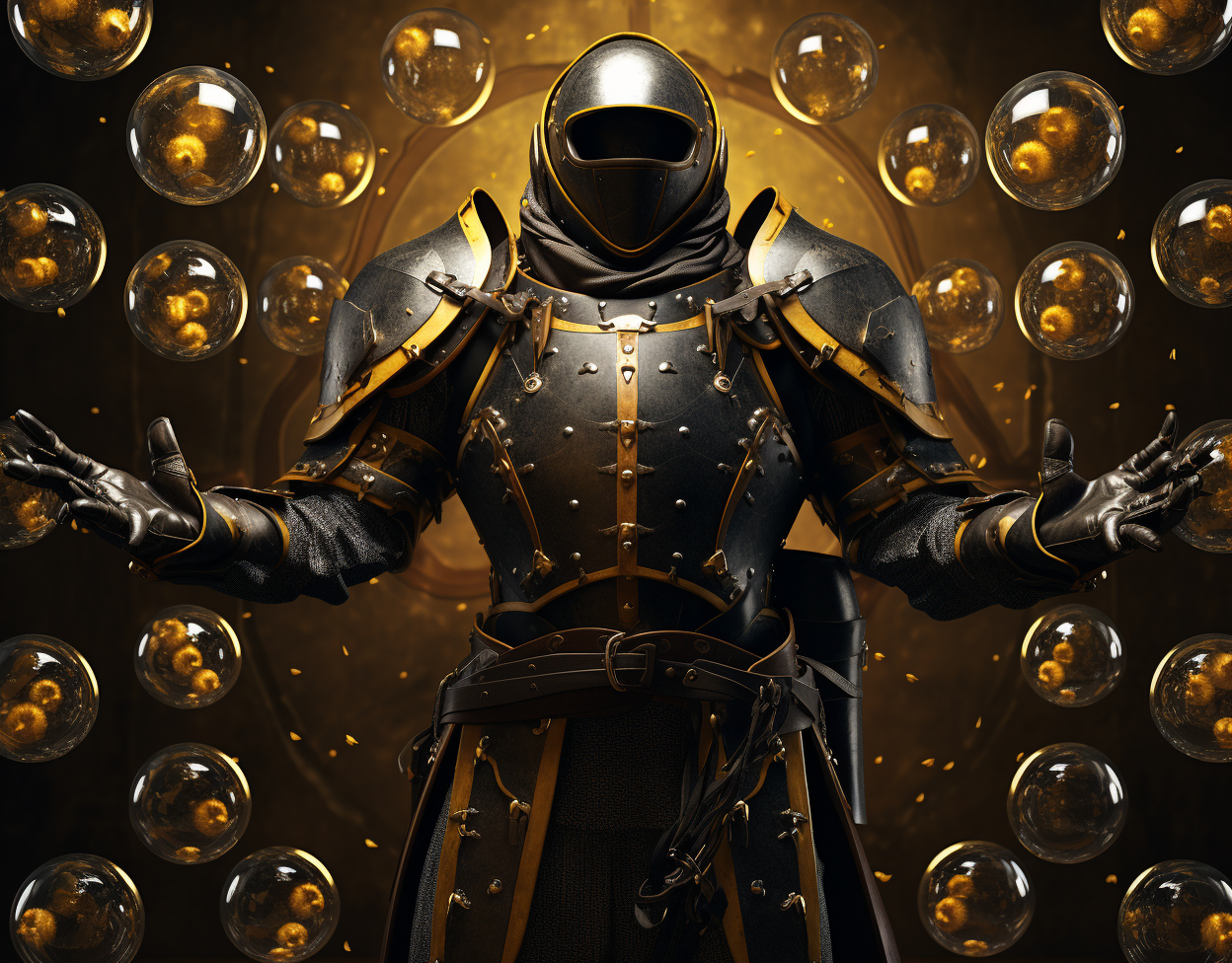 Medieval black steel armor with magical yellow orbs