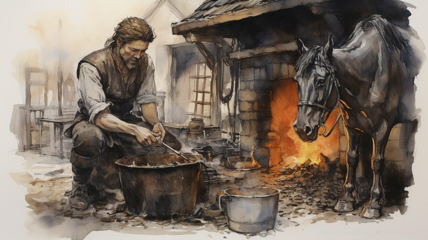 Blacksmith shoeing horse in medieval-style artwork