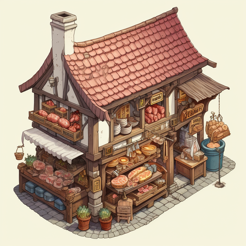 Isometric drawing of a medieval butcher shop