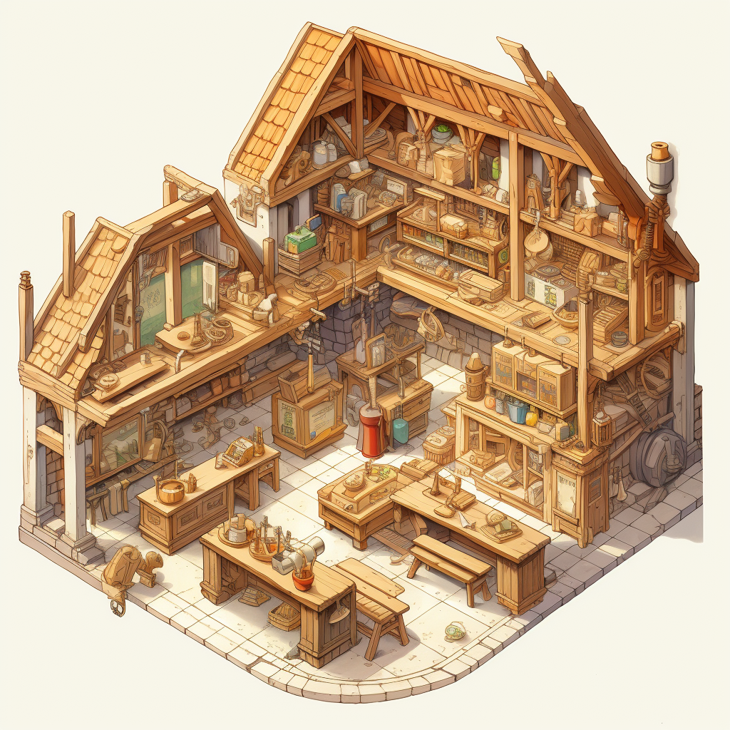 Isometric workshop with wood sculptures and furniture