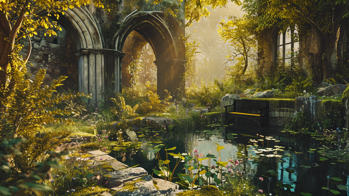 Serene medieval castle garden with pond