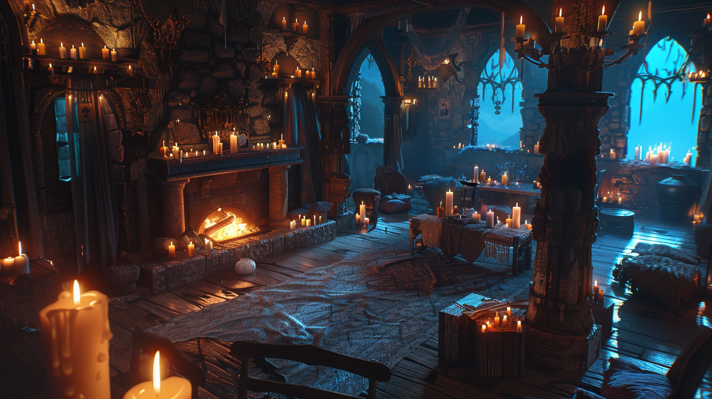 medieval castle room with candles, cozy furniture, warm light