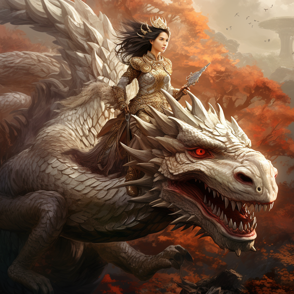 Chinese female warrior on albino dragon