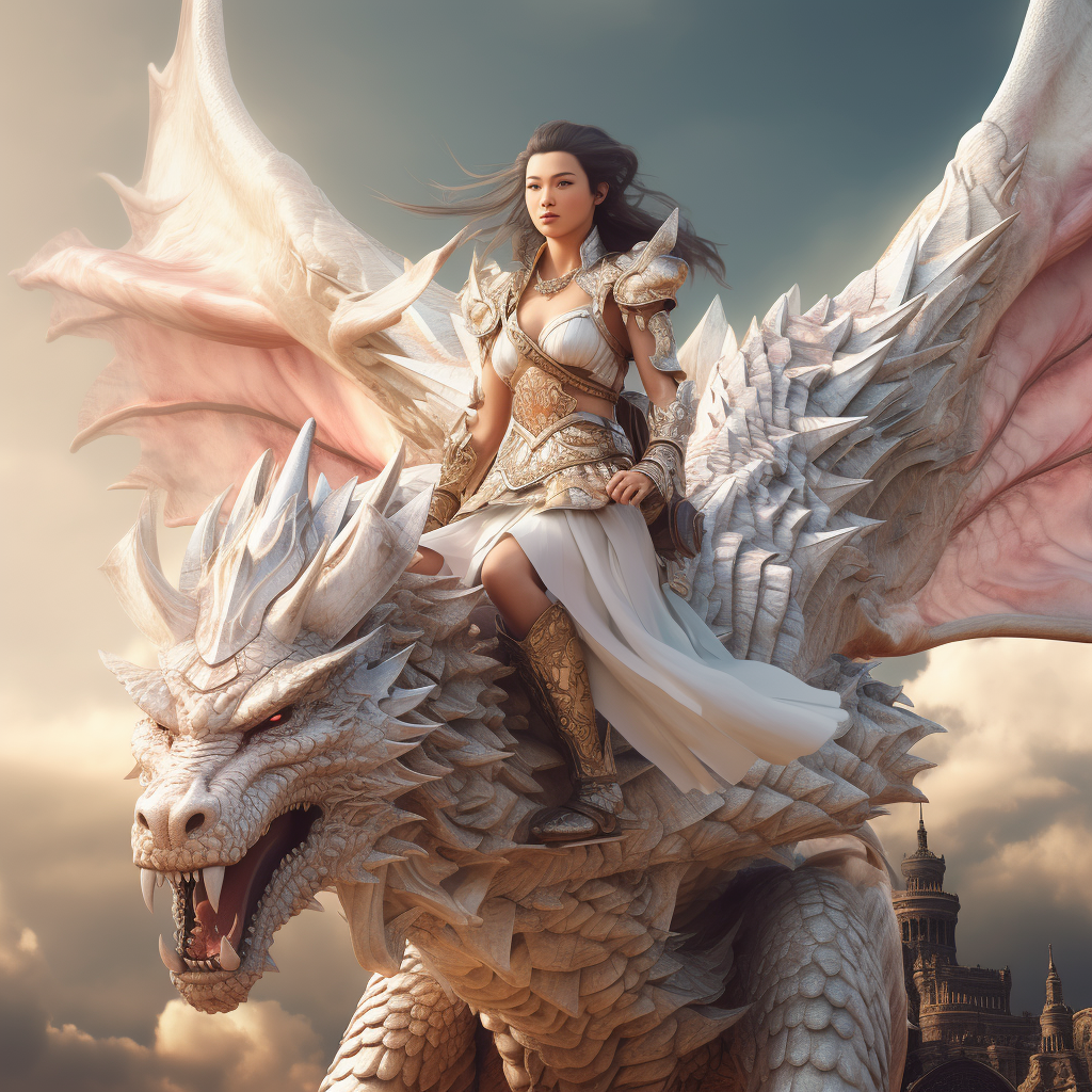 Chinese female warrior riding albino dragon