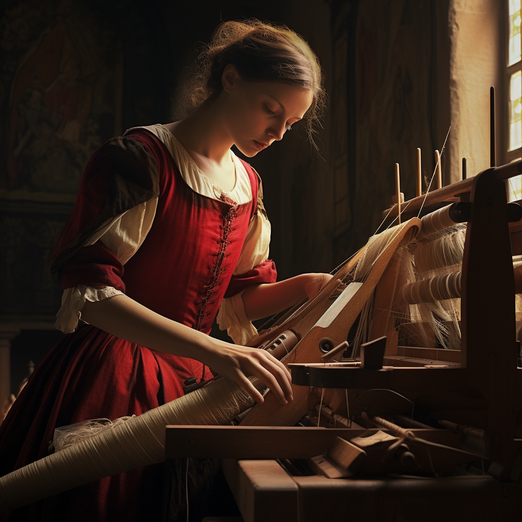 Medieval cloth weaver creating fabric