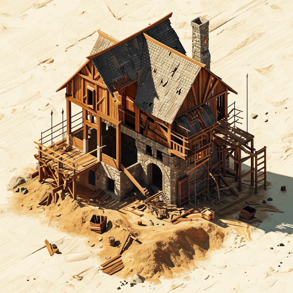 Isometric illustration of medieval construction site with wooden foundation