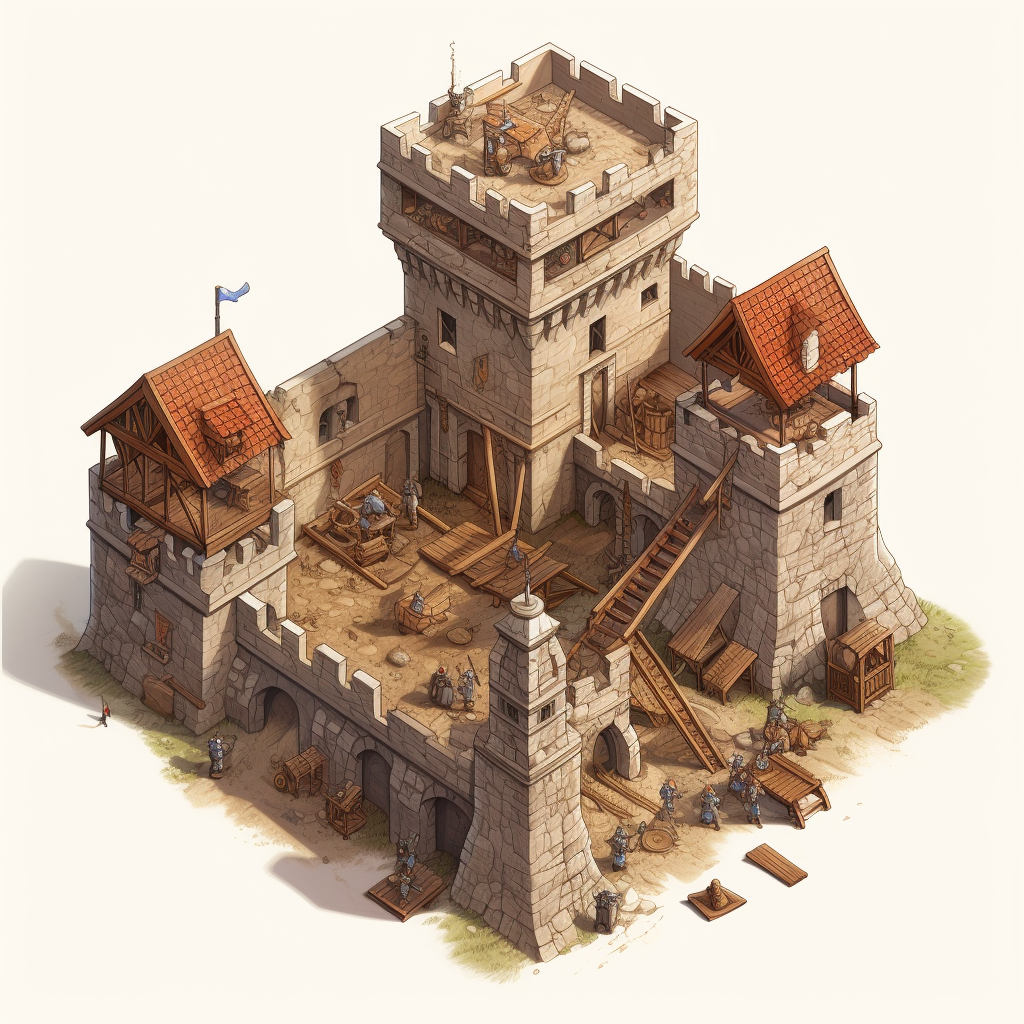 Isometric medieval construction site illustration