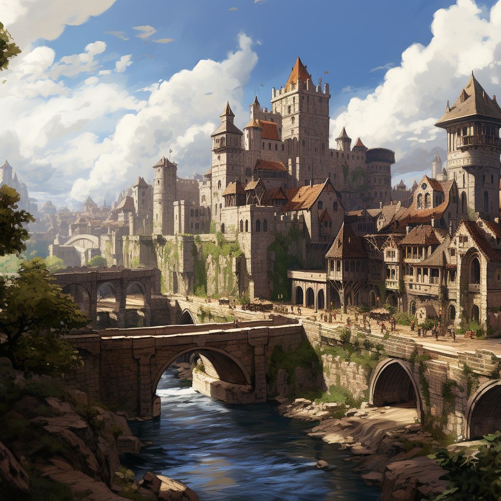 Magnificent medieval D&D city entrance bridge