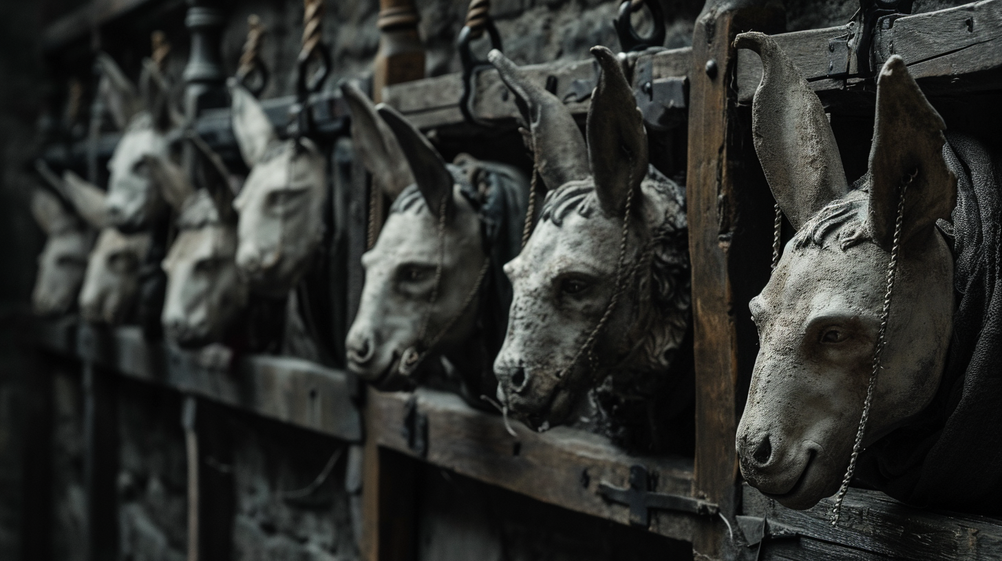 medieval dark fantasy stocks with donkey head mock