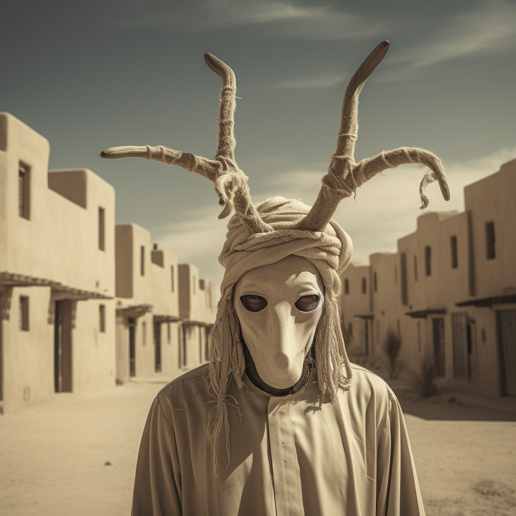 Man in medieval desert town with antlers