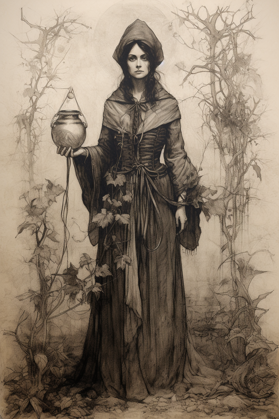 A witch in a medieval garden