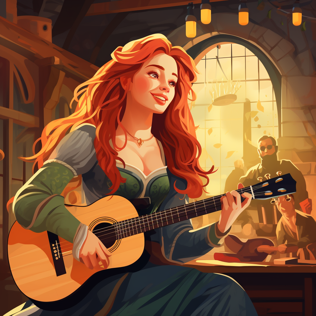 Medieval fantasy bard woman with cute redhead