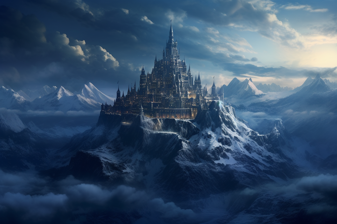 Enchanting medieval fantasy castle in snowy mountains