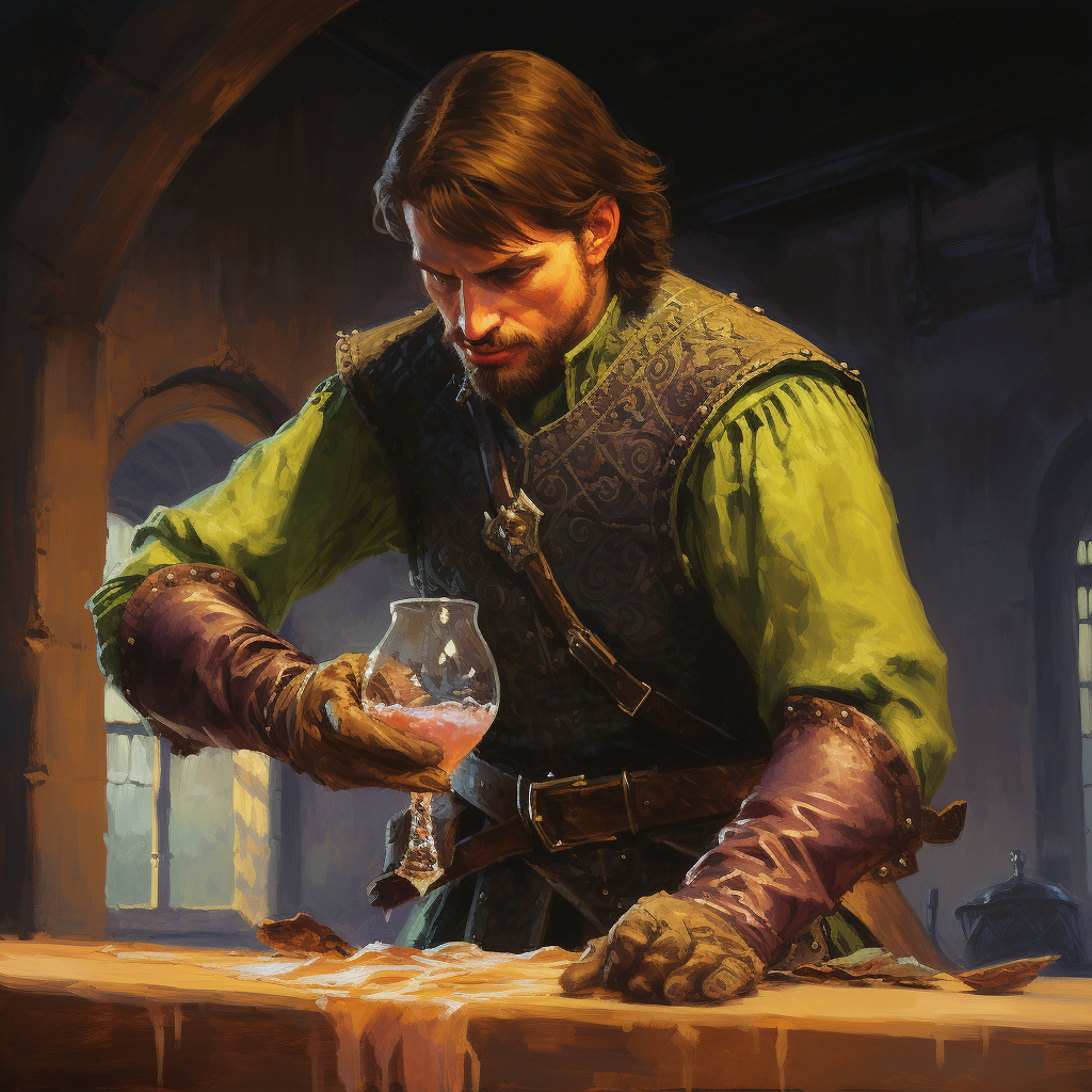 Ugly medieval fantasy male barkeep cleaning glass