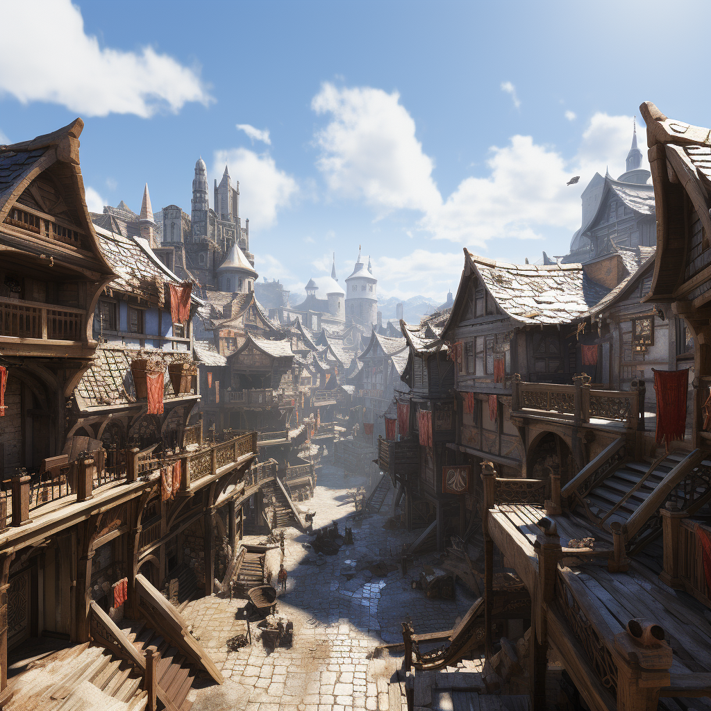 Medieval fantasy rooftops from above