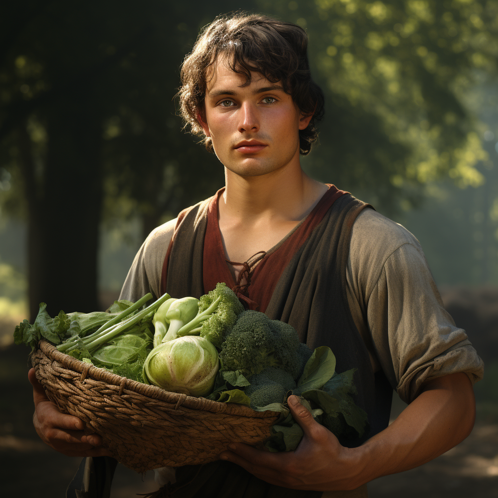 Young male medieval farm worker holding farm produce