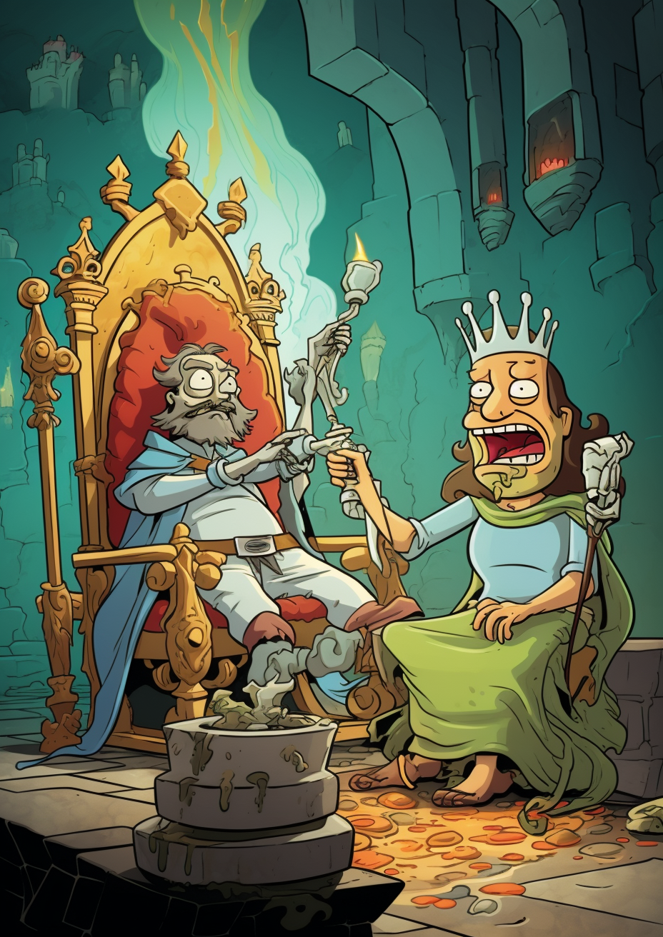 Cartoon-style medieval man feeding king