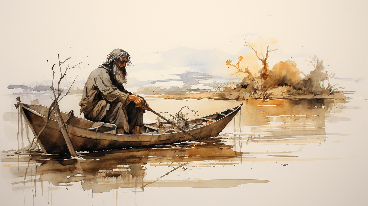 Medieval fisherman casting nets in a boat