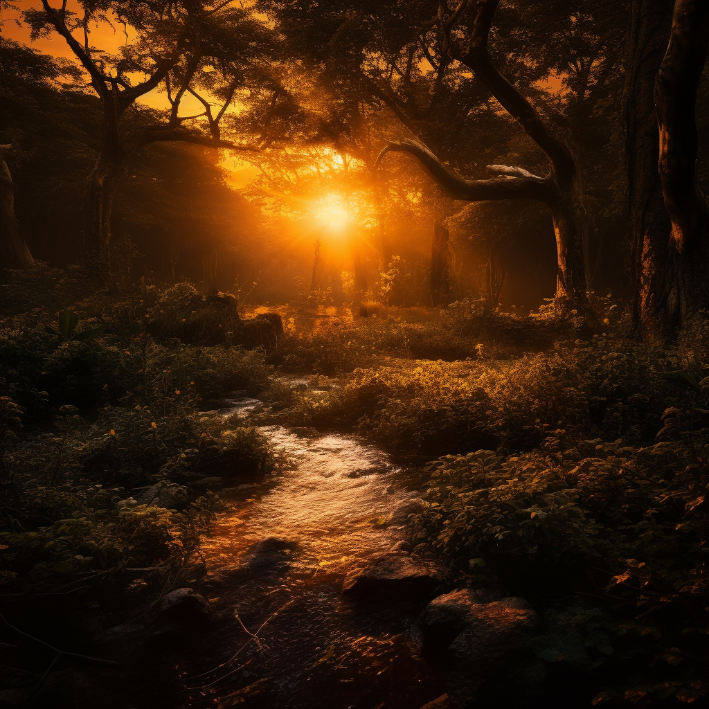 Forest at sunset with magical ambiance