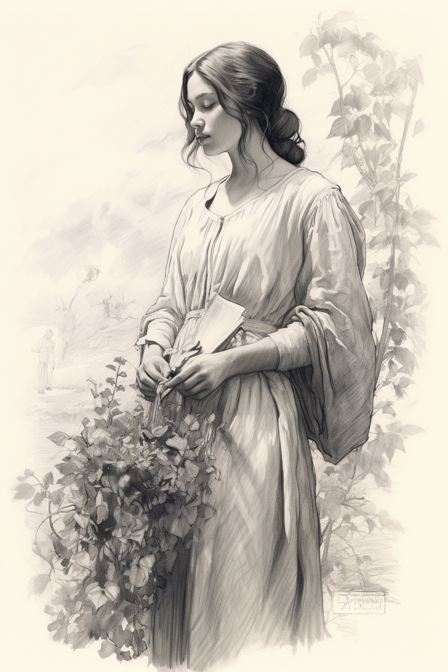 Engraved sketch of mature herbalist woman in garden