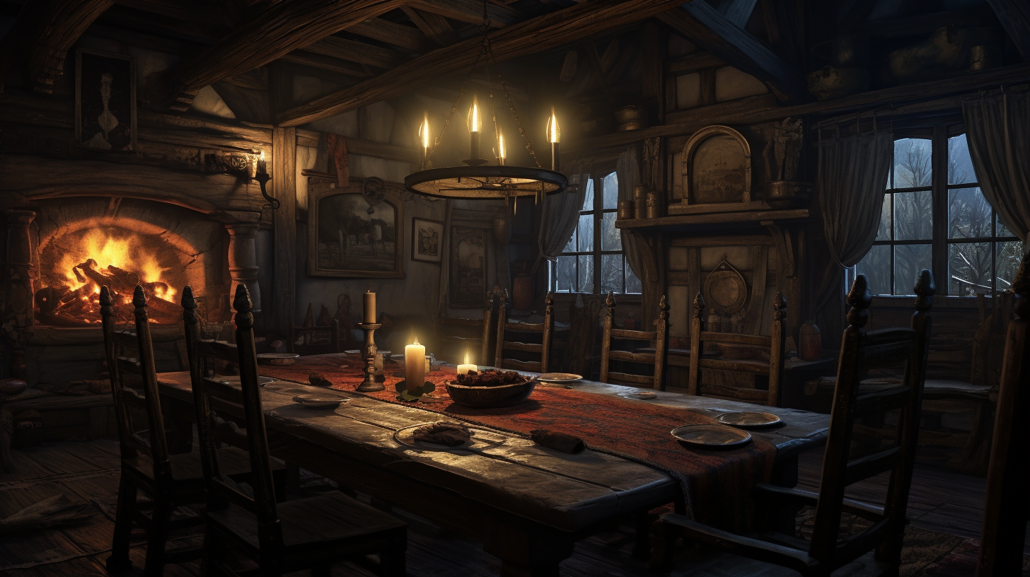 Dimly lit medieval dining room