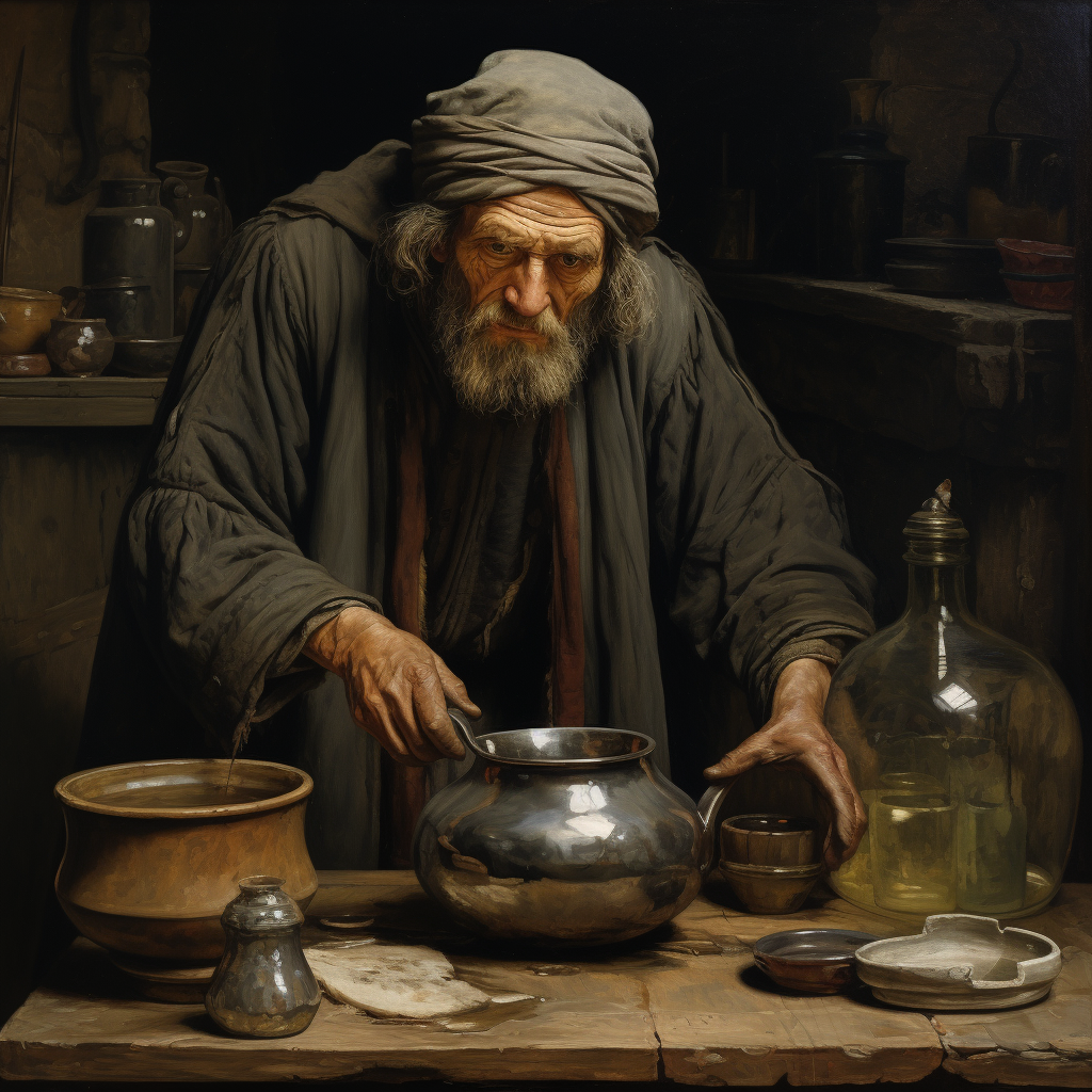 Innkeeper pouring drink in medieval setting