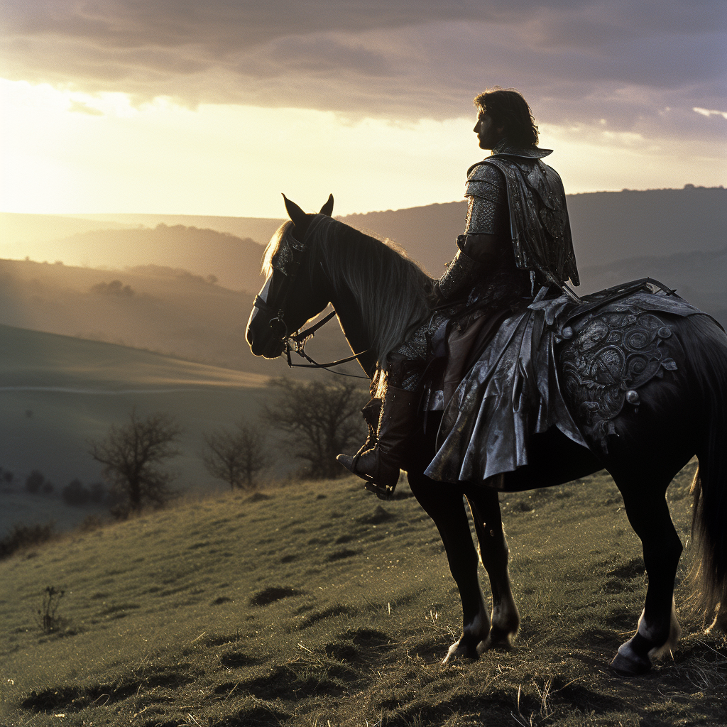 Brave medieval knight on a sunset hill