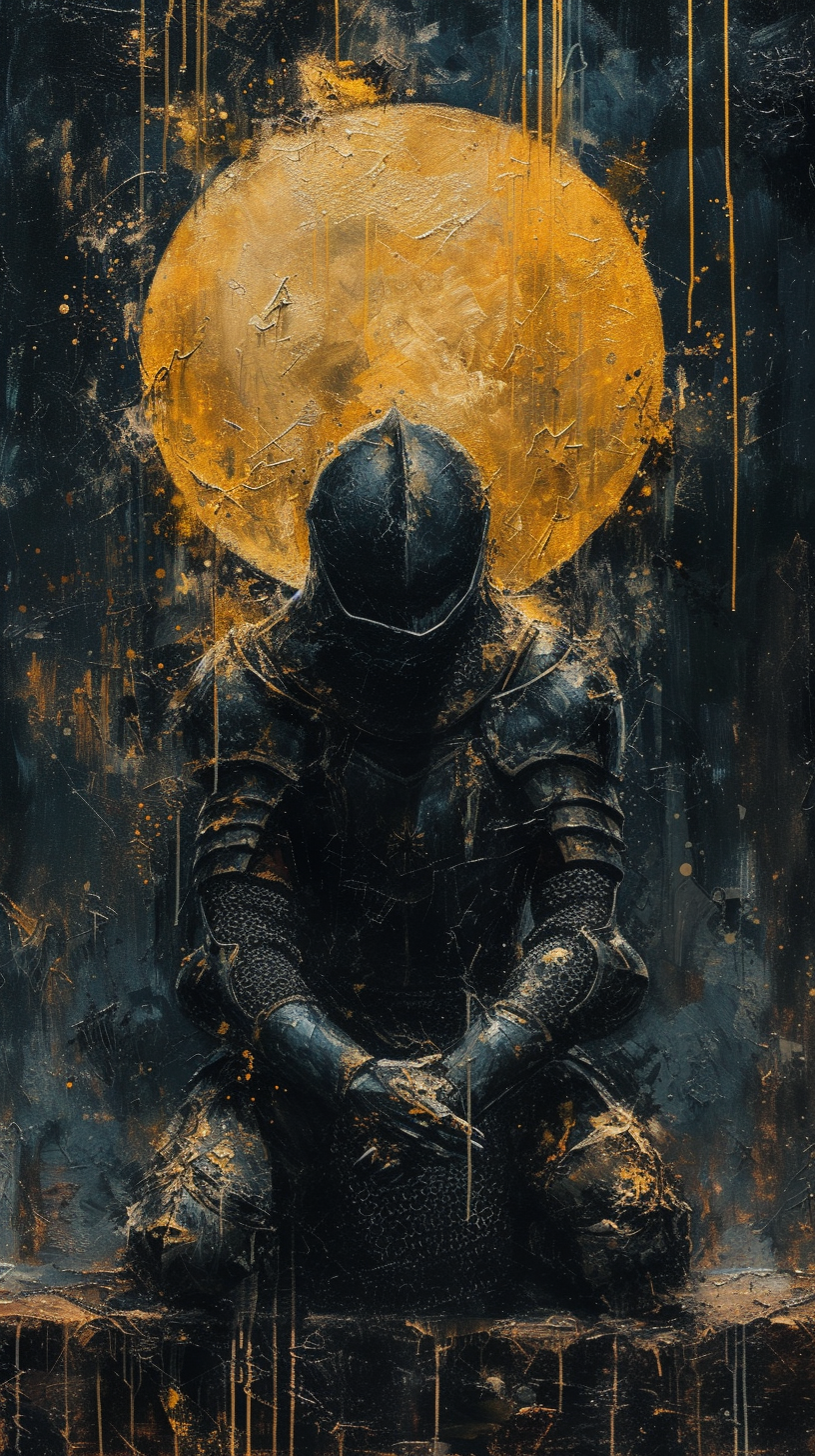 Medieval knight praying in dark oil painting