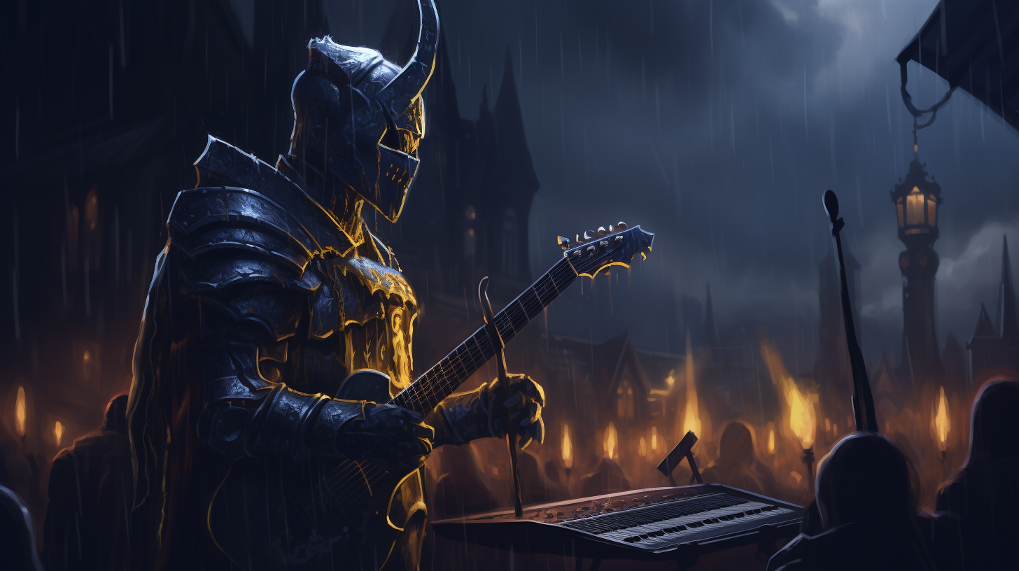 Medieval knight rocking out with microphone