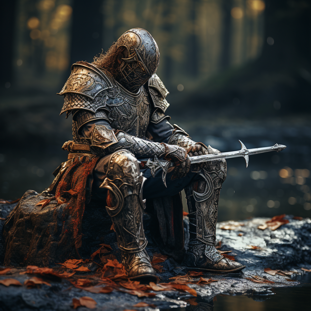 Kneeling medieval knight with sword