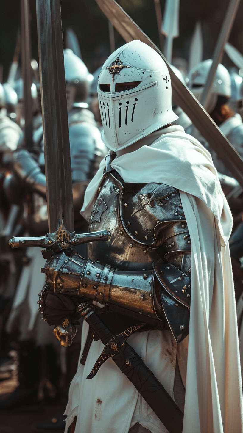 Medieval knights in white armor with black swords