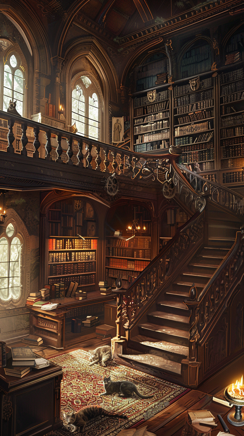 Cats in medieval library with warm lighting