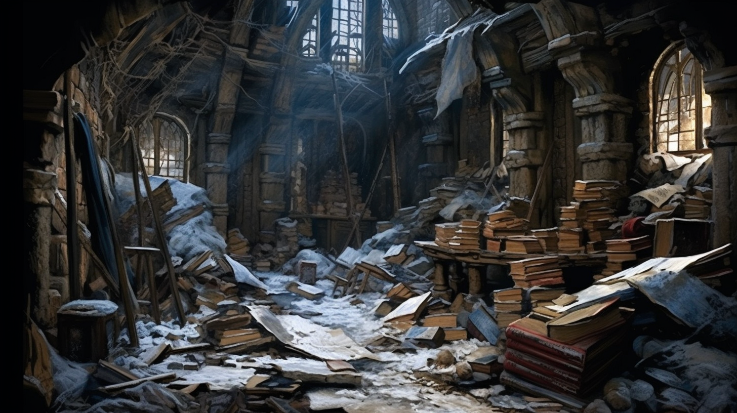 Medieval library ruins covered in snow