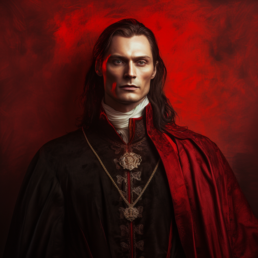 Handsome medieval lord vampire on red background