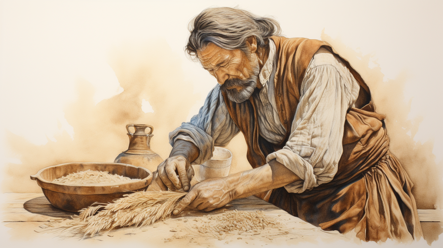 Medieval Miller testing wheat flour quality