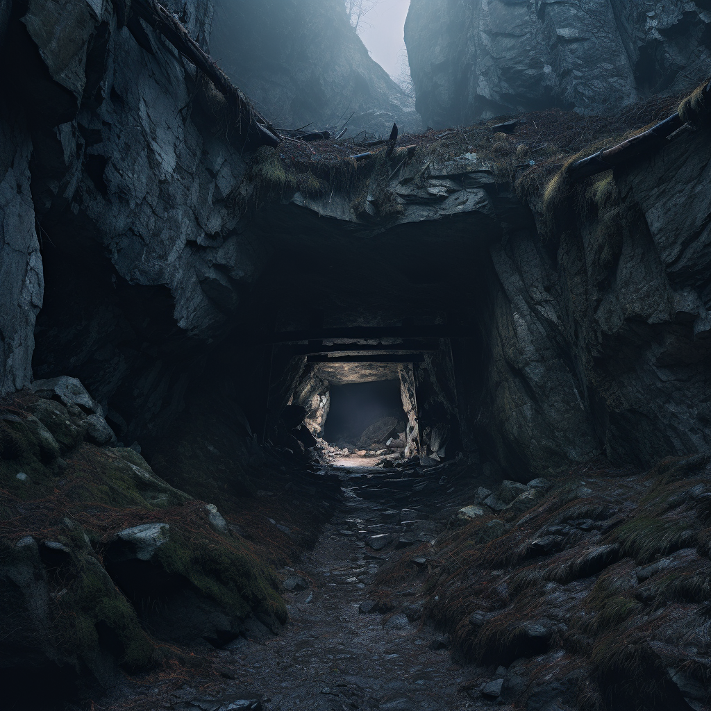 Medieval mine entrance with faint light