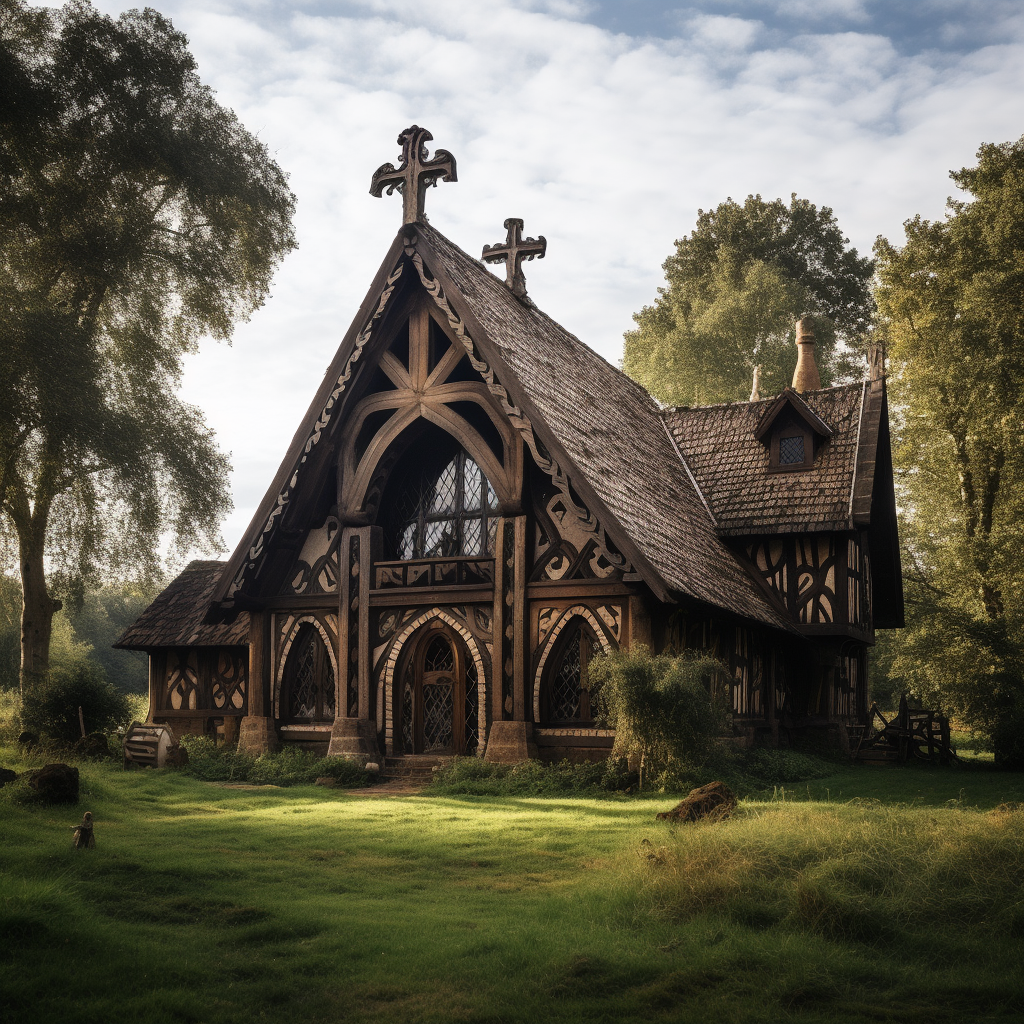 Medieval lodge in open field